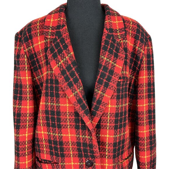 VINTAGE 80s Red Plaid Classic Tweed Blazer - Picture 2 of 10